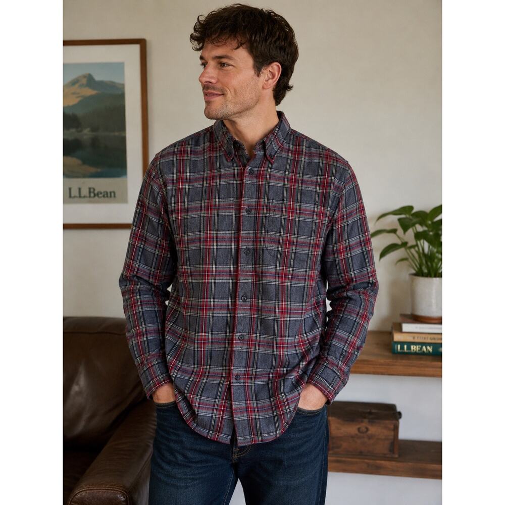 LL Bean Mens Flannel Shirt Large Traditional Fit Grey Red Plaid Cotton 228061 - Picture 2 of 8